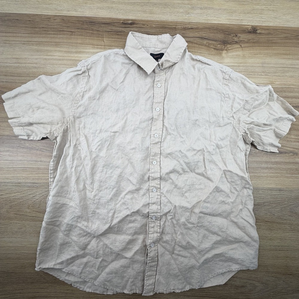 Quince Men's Linen‎ Short Sleeve Button Down Shirt Casual, Tan Beige, Size 2XL